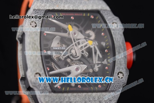 Richard Mille RM027-2 Miyota 9015 Automatic Carbon Fiber Case with Skeleton Dial Dot Markers and Orange Nylon Strap - Click Image to Close